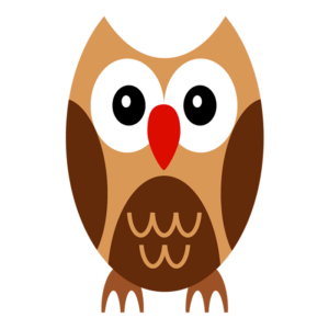 A cartoon owl with big eyes and a red beak