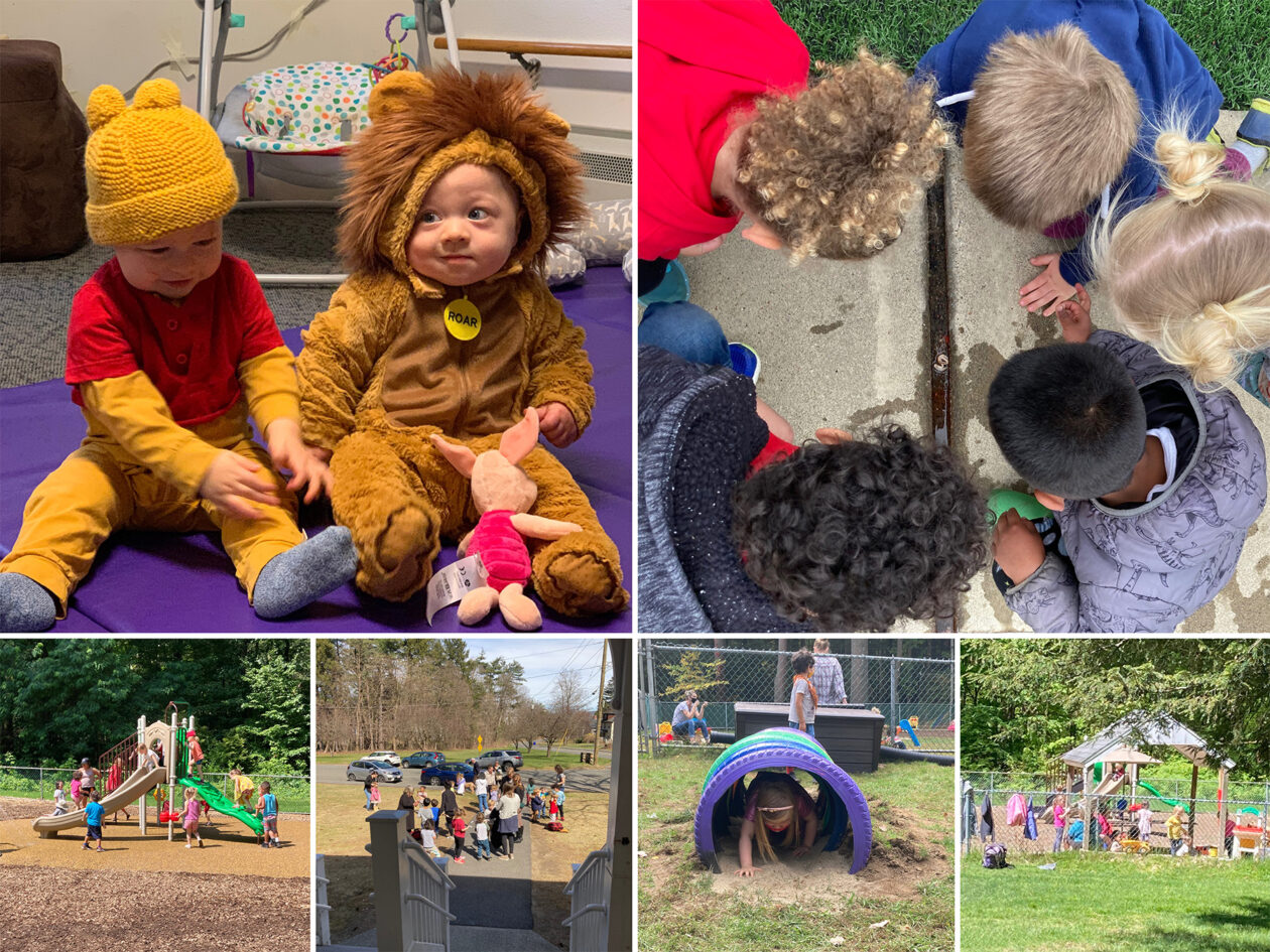 A collage of children playing in outdoor areas and dressed up for Halloween