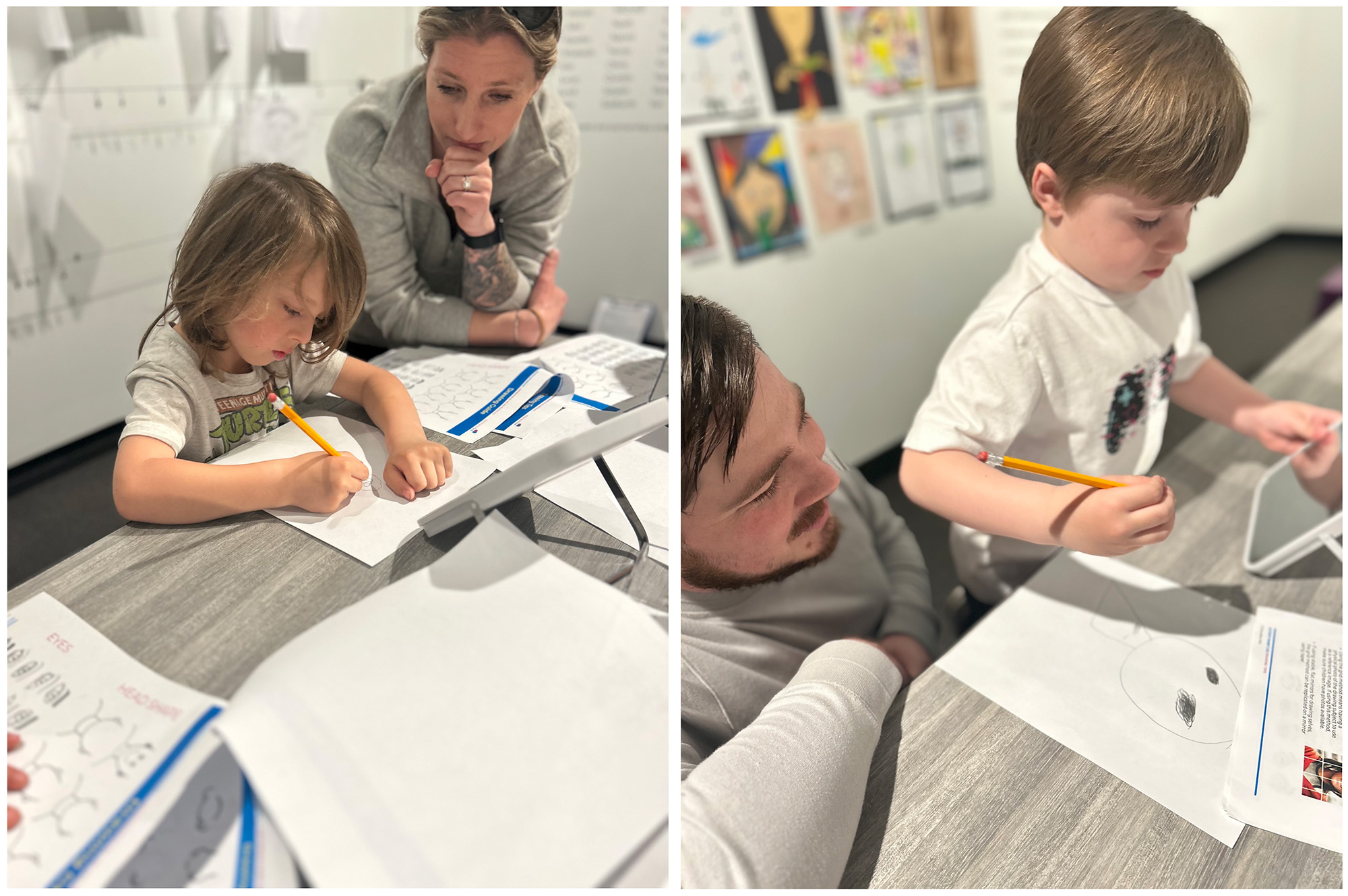 Two images of adults helping children work on art projects