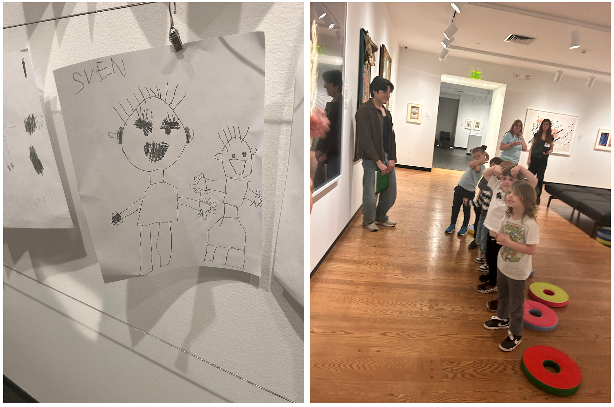 Two images: one of a child's work of art showing two people smiling and another of children looking at art in a museum