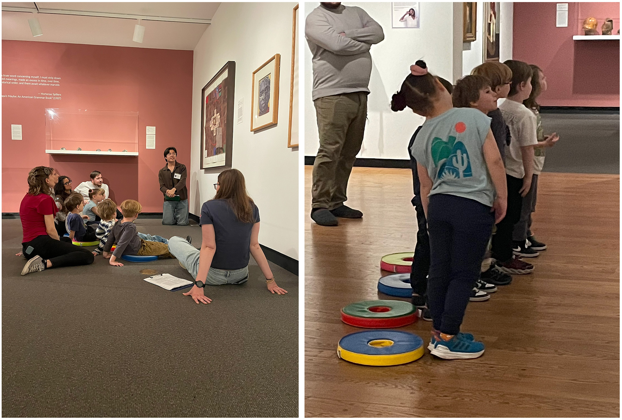 Two images of children looking at art in an art museum.